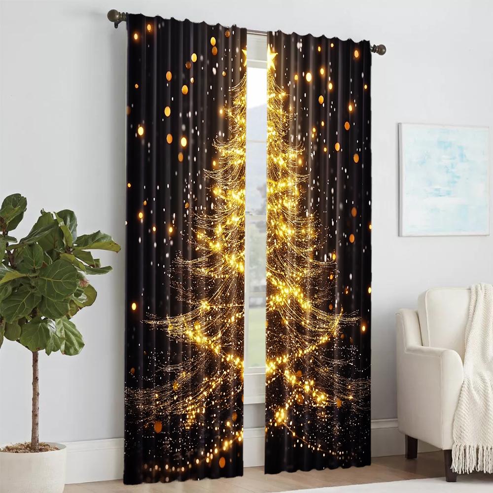 Christmas Tree Print Curtains Rod Hole Design For Easy Hanging Perfect For Living Room Bedroom Office Polyester Home 2Pcs Golden