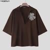 INCERUN Oversized Men 3/4 Sleeve Embroidery Texture Casual Loose T-shirts Tops