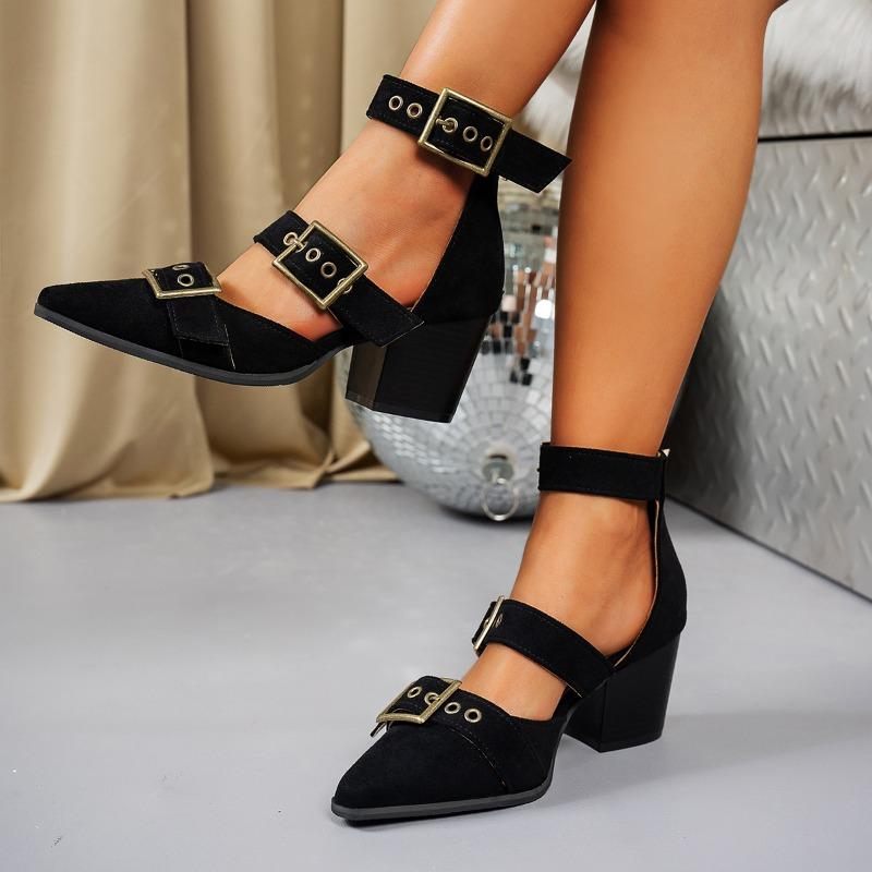 Large Size Pointed One-letter High Heels for Women's Spring and Summer New Thick-heeled Square-buckled High-heeled Women's Sandals