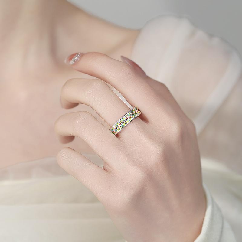 Ancient Craft Enamel Gold-Painted Gingko Vine Heart Sutra Ring for Women – Open Vintage Niche Exquisite Finger Band