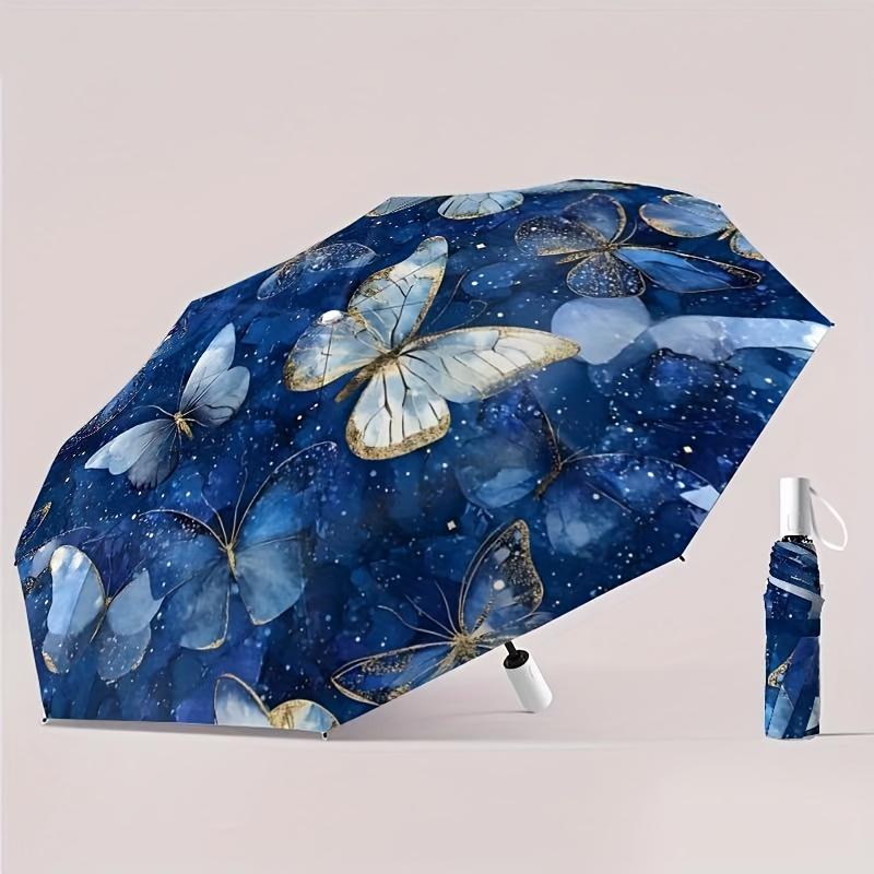 

1pc Blue Butterfly Auto Folding Umbrella - Vibrant Motif & Compact Design for Women, On-the-Go Essential - Gift-Worthy Style