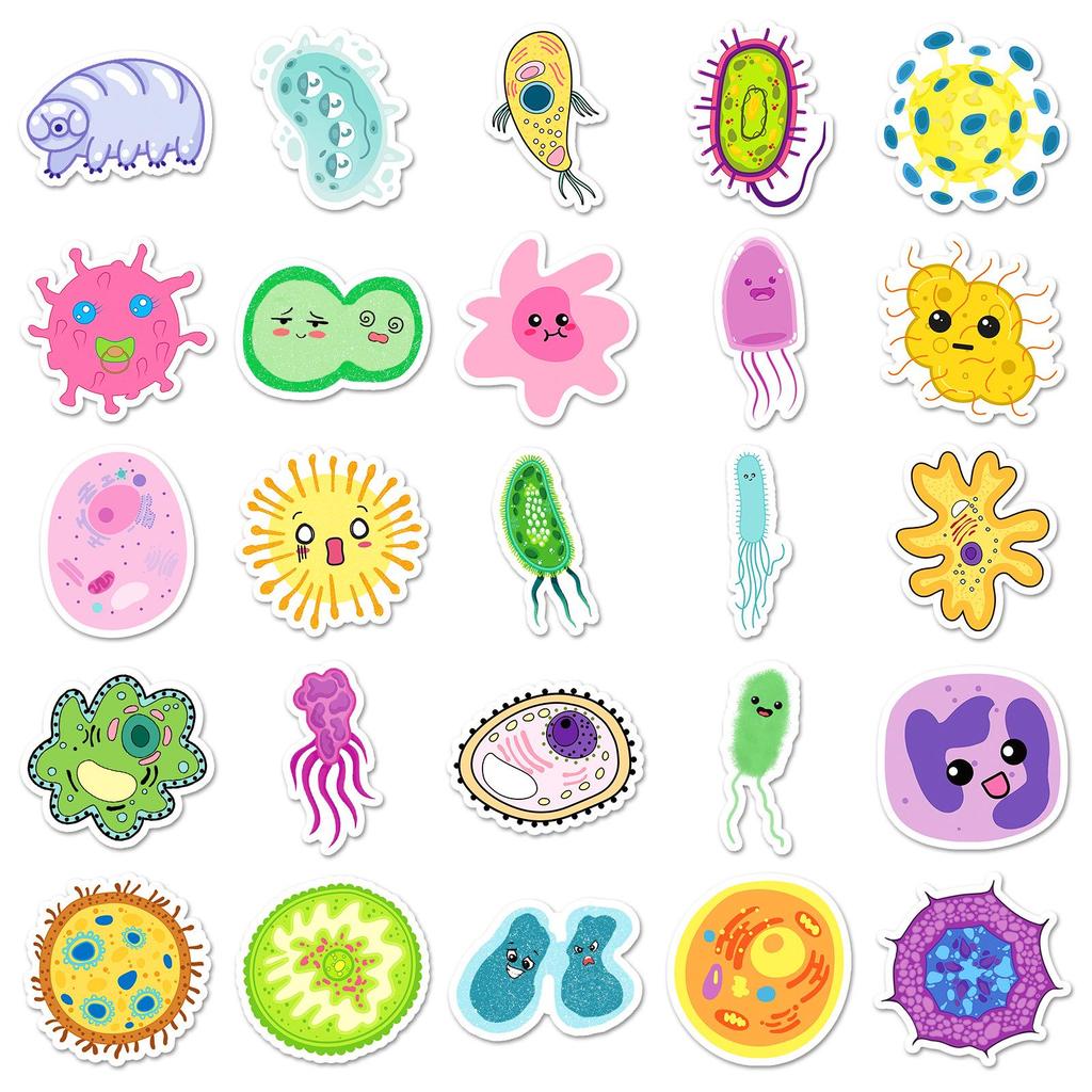 50 Microbial Graffiti Stickers: Cute Cartoon Decor for Journals, Water Bottles, and Phone Cases