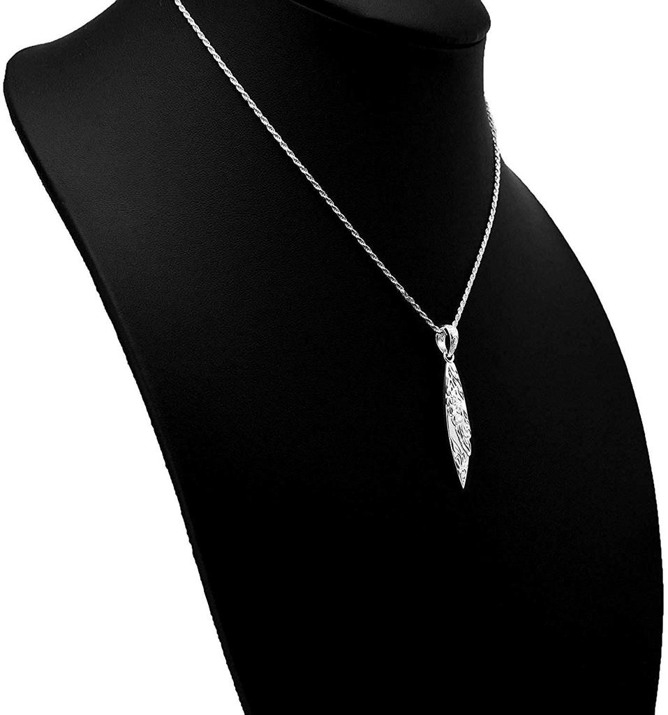 Leilani Hawaiian Surfboard Plumeria & Scroll (Wave) Carved Pendant Necklace for Men, 925 Sterling Silver (Includes 55cm Rope Chain)