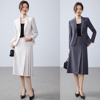 Ensemble Veste de tailleur & Jupe midi abricot argenté pour femme - Printemps/Automne 2025, Coupe slim, Deux pièces haut de gamme