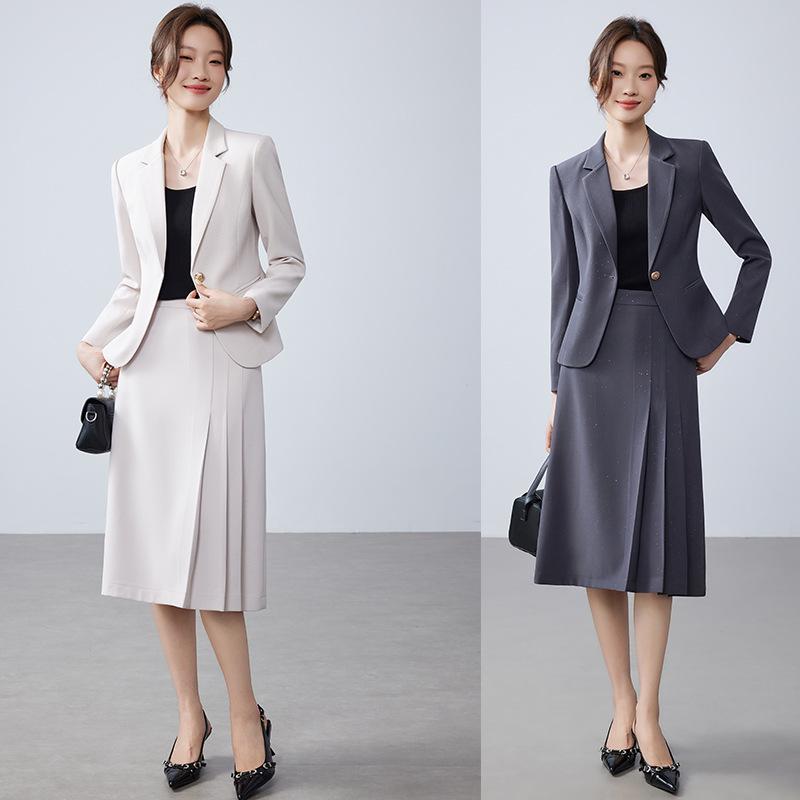Women's Apricot Silver Suit Jacket & Midi Skirt Set - Spring/Autumn 2025, Slim Fit, High-End Two-Piece
