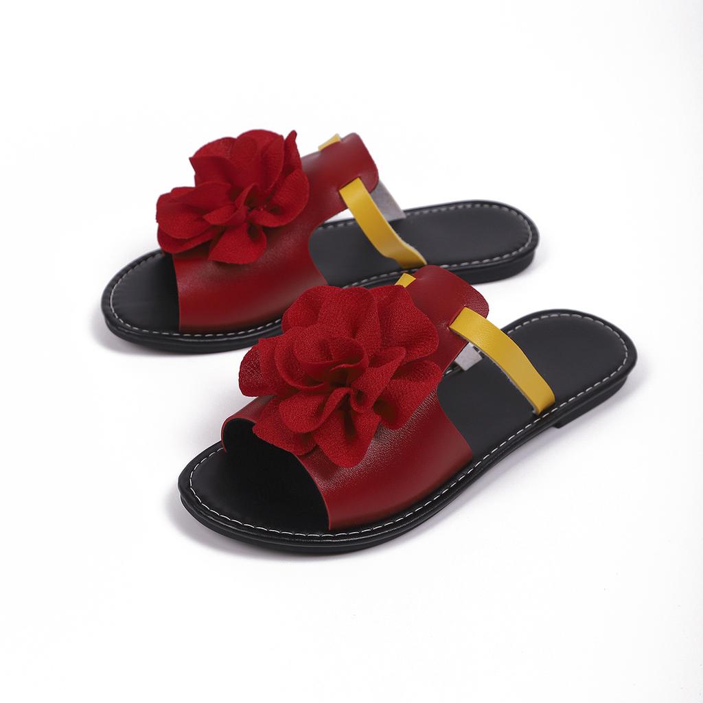 Large-size Lady's Floral Sandals, Summer New Style Double-color Flat Beach Slippers with Flowers