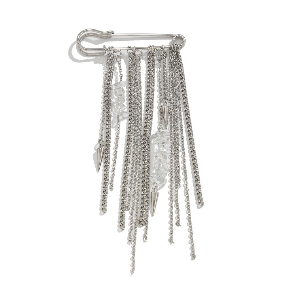 New Exaggerated Metal Chain Pendant Crystal Rivets Tassel Brooches for Women Man Charm Trousers Shortened Pins Rock Jewelry Gift