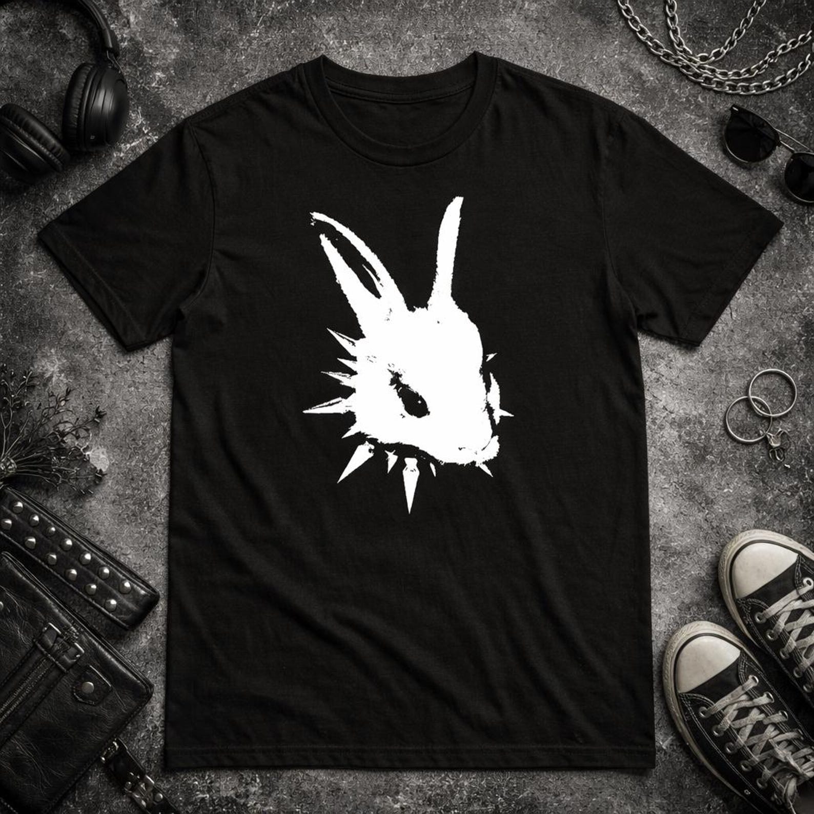 Y2k Spiky Punk Bunny Tee | Grunge Rabbit Skull Silhouette, Alternative Animal Shirt Y2k S