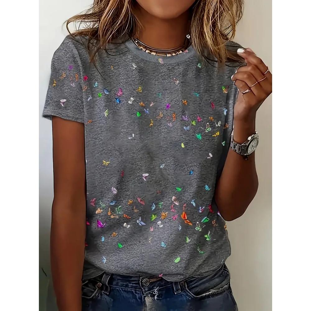 Multicolor floral printed T-shirt, casual street style, high-end top women's clothing, short-sleeve T-shirt for 2025.