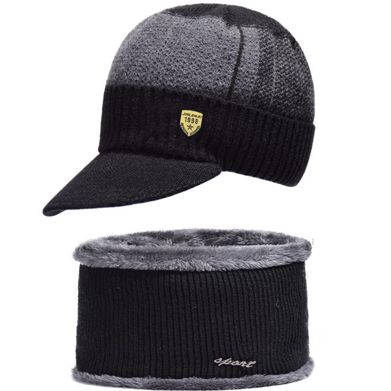 New copper label hat scarf two-piece set men's knitted hat scarf autumn and winter plush hat warm wool hat
