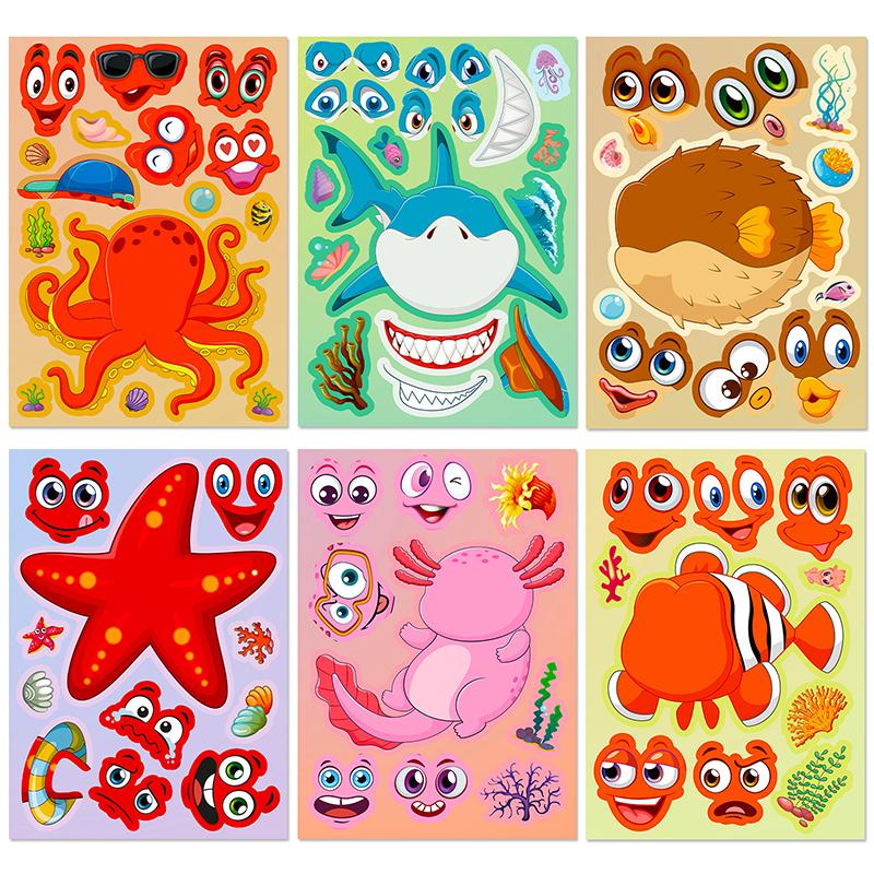 6Sheets Face Changing Sticker Ice Cream/Marine Animals/Vehicle Style Available Cute Cartoon School Rewards Favors Stationery ZYF