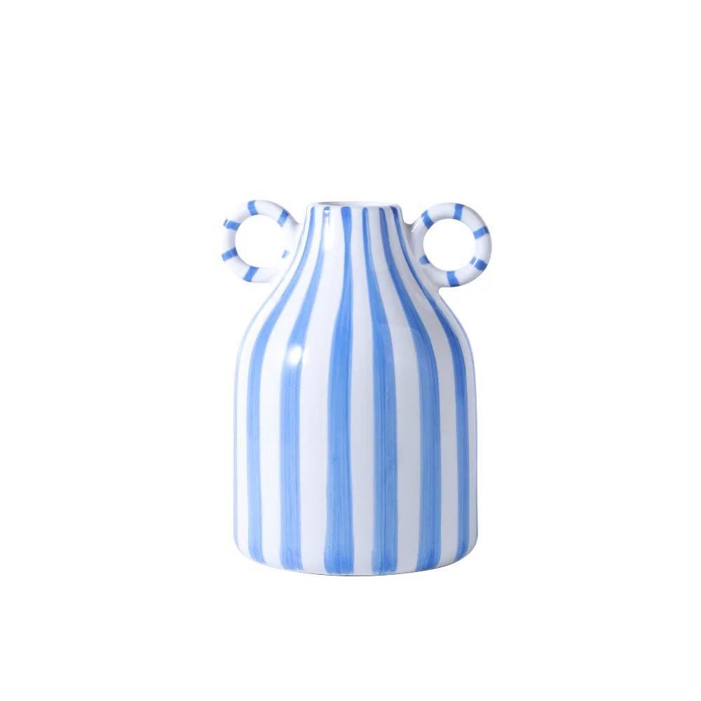 Geometric Striped Ceramic Vase Double-eared Ceramic Pot Shape Flower Vase Flower Arrangement Accessories Home Decoration