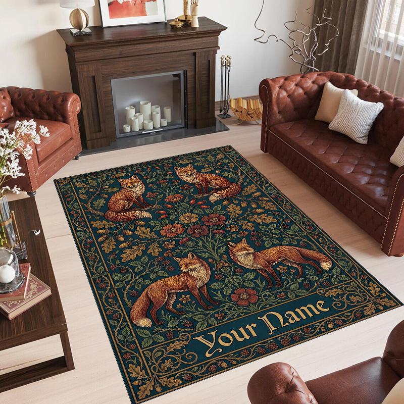 Fox Theme Crystal Velvet Floor Rug Personalized Custom Name Text Warm Carpet Home Decoration