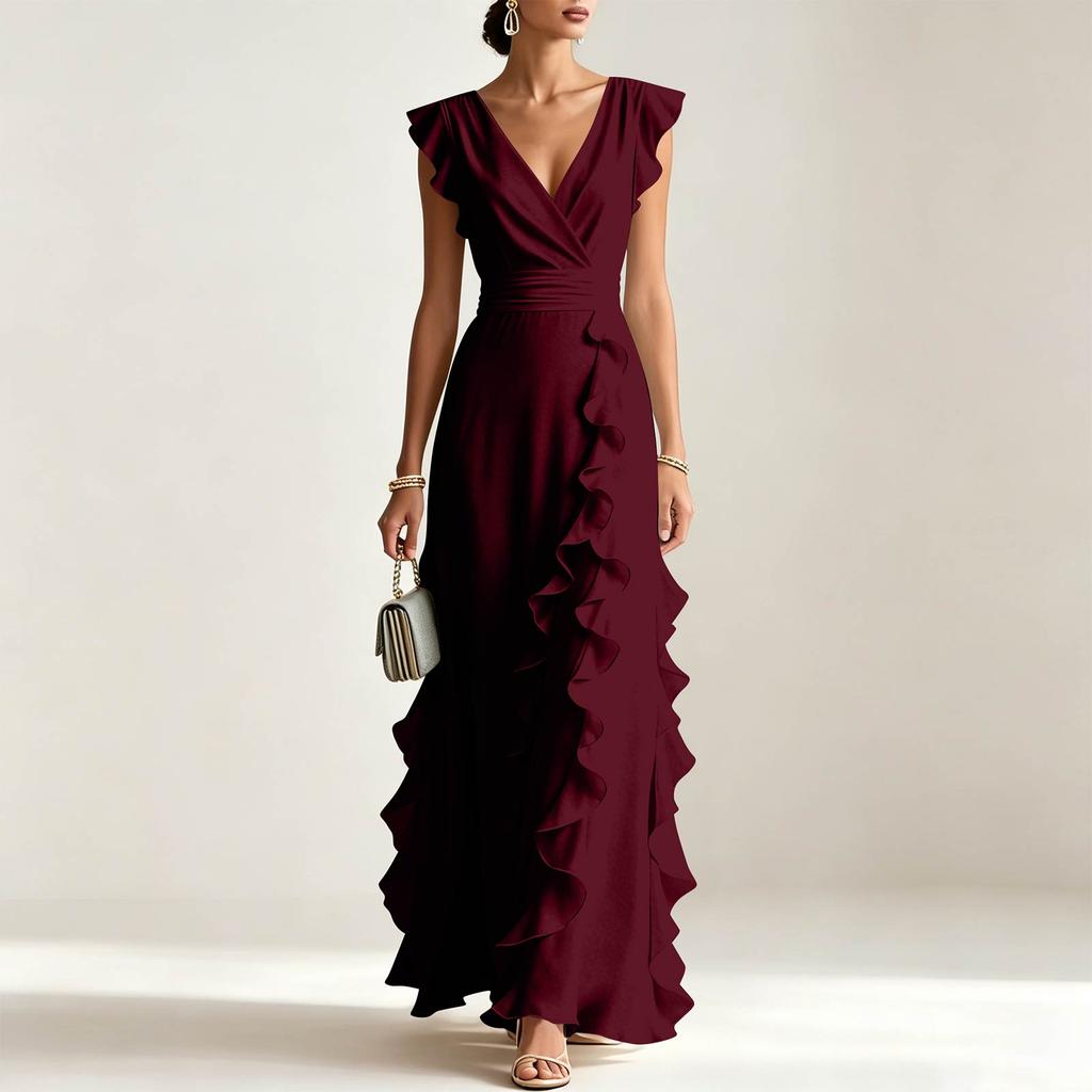 Women V Neck Short Sleeve Ruffle Hem Ruched Maxi Dress with Waist for Formal and Evening Occasions