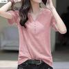 Women Summer V Neck Short Sleeve T-shirt Solid Color Waist Slim Korean Style Casual Commuter Blouse With Buttons