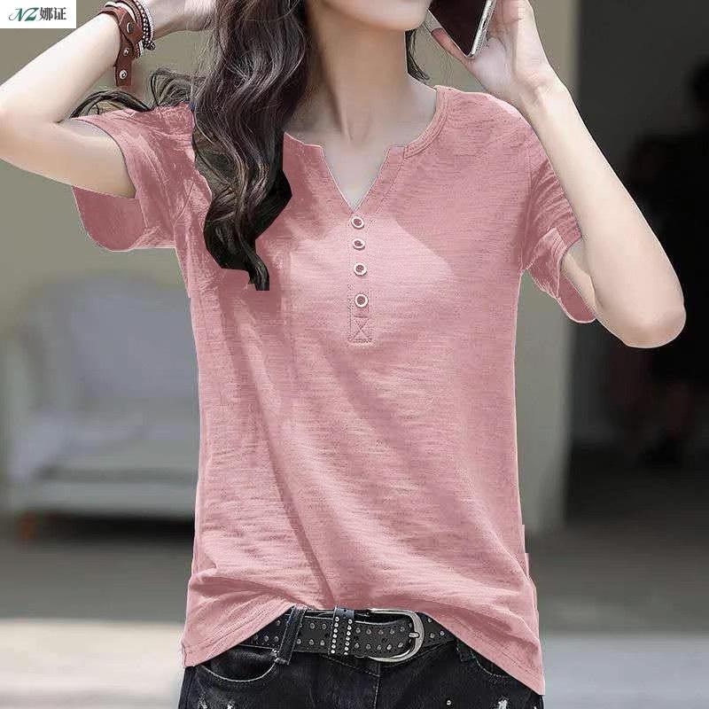 Women Summer V Neck Short Sleeve T-shirt Solid Color Waist Slim Korean Style Casual Commuter Blouse With Buttons