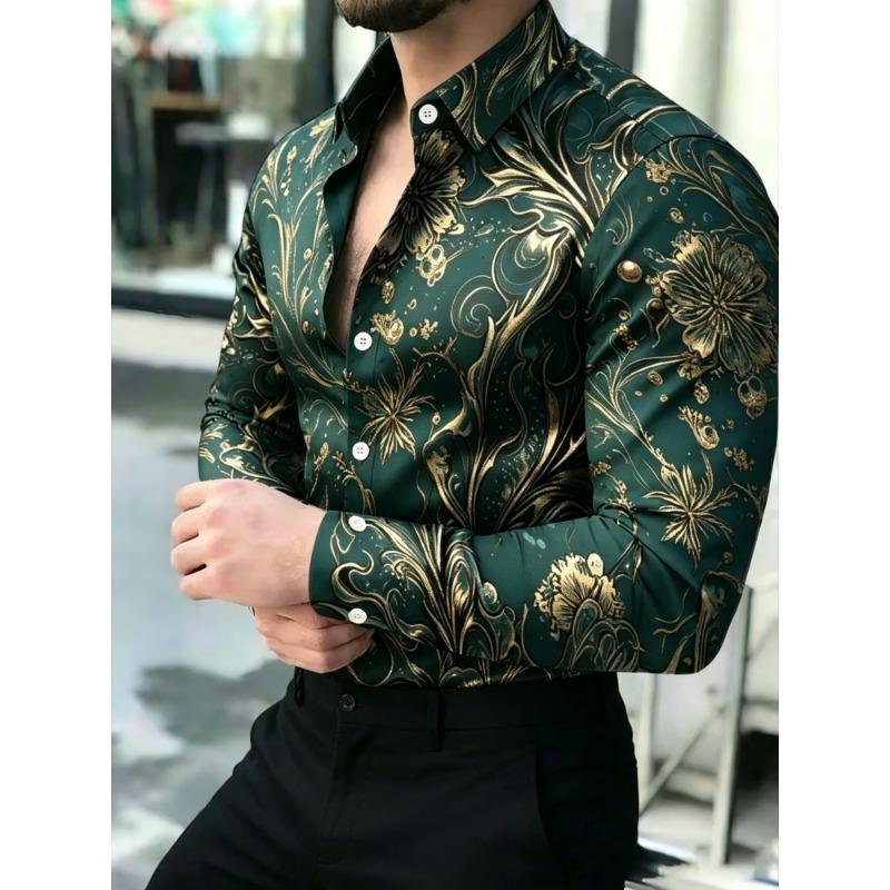 Cămașă Bărbați cu Imprimeu Floare de Bujor, Mânecă Lungă, Guler Slim Fit, Trendy Casual pentru Petrecere