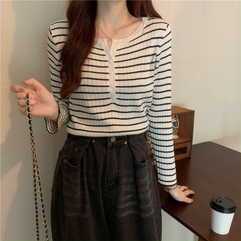 Versatile Striped Long Sleeve Knitwear Women's Early Autumn Winter Thin Loose Outerwear Base Layer Top