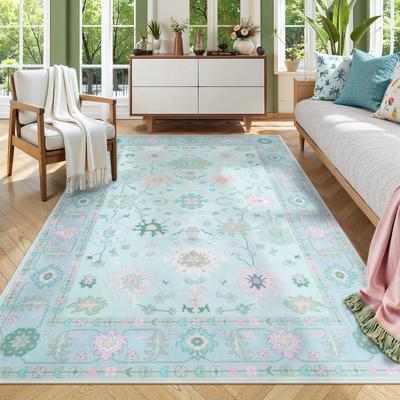 Non Slip Boho Rug for Bedroom, Soft Turkish Rugs Vintage Mat, Large Floral Dining Room Rugs Indoor Carprt for Kids Nursery Room