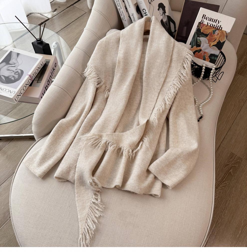 Women's Autumn/Winter High-End Knit Set: Tassel Shawl, Sweater & Skirt.