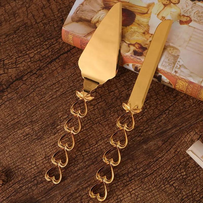 2Pcs/Set Cake Cutter Rust-proof Multi-purpose Heart Shape Handle Golden Wedding Cake Knife Server Set for Party Cooking Baking