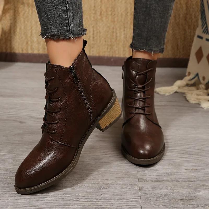 Retro 2026 Autumn and Winter New Products Low Heel Lace-up Women's Booties Full Leather Motorcycle Boots