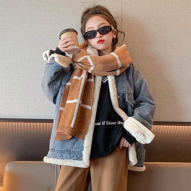 Mädchen Winter Denim Jacke Plüsch und Verdickt Koreanische Version Mittlere Bis Große Kinder Jacke