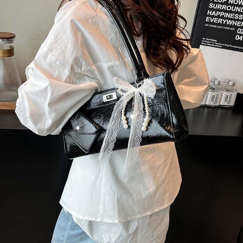 

Sweet PU Shoulder Bag Bow Ribbon Texture Underarm Bags Shopping French Stick Handbag Girls White Without Pendant