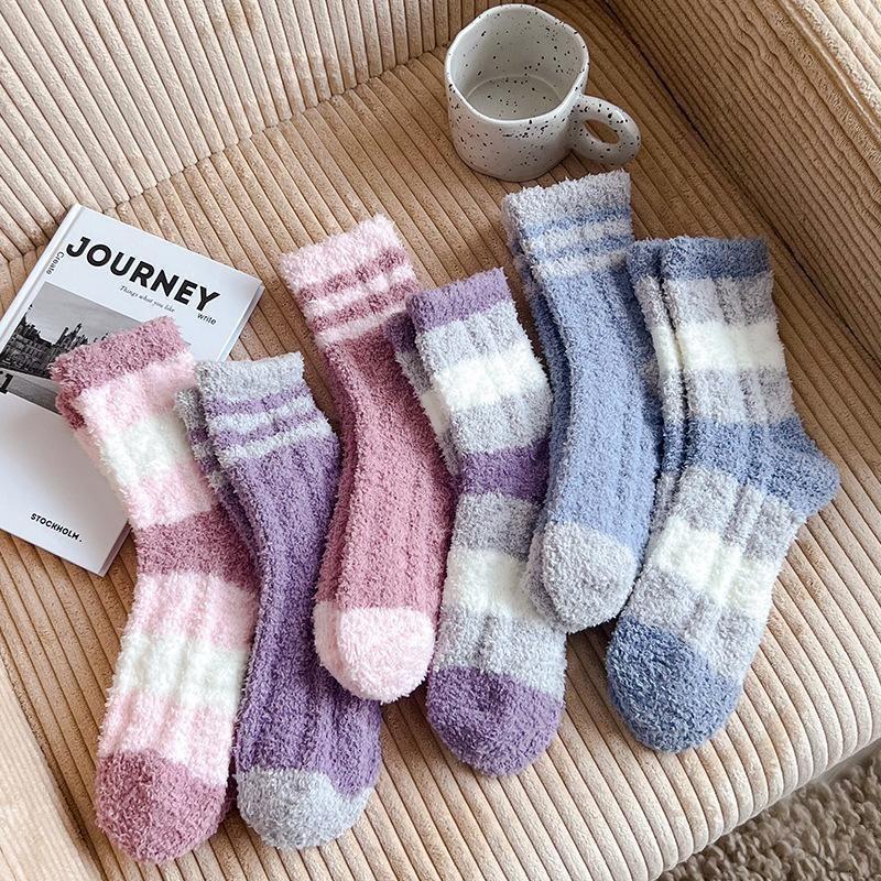 Autumn and winter color matching coral fleece women's socks thickened warm sleeping socks half fleece home floor socks