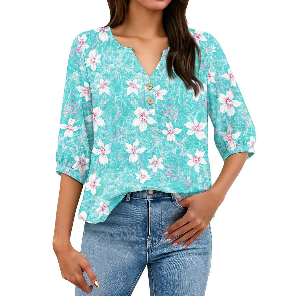 Women’s Floral Print Cotton Linen Shirt with Henley Button Neckline and Three Quarter Sleeves Casual Loose Fit Blouse Top
