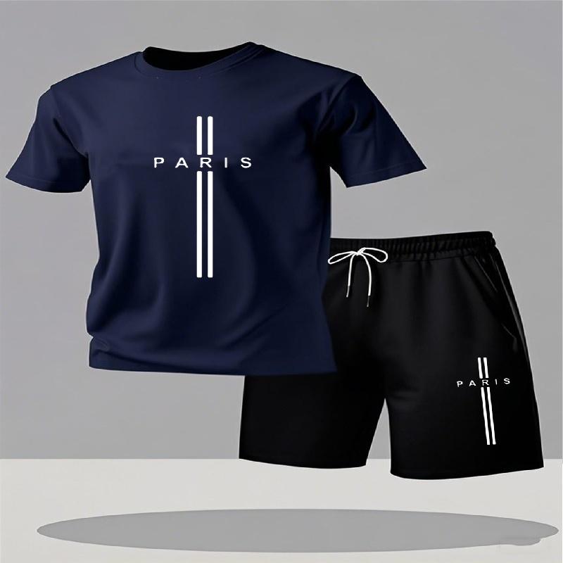 New Minimalist Solid-Color Paris Letter Print T-Shirt and Shorts Two-Piece Set Summer Plus-Size Athletic Men's Short-Sleeve Set
