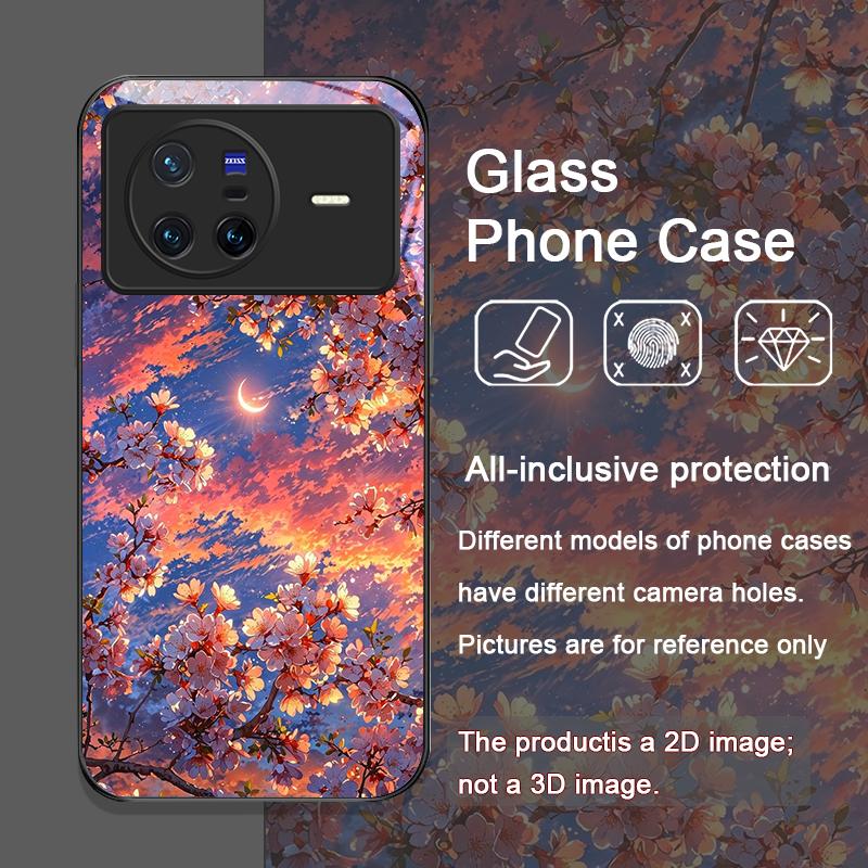 Moon Cherry Blossom Pattern Scenery Tempered Glass Phone Case for OPPO Reno 13 F 12 11 Pro 10 SE Find X3 Lite X5 A79 A58 Covers