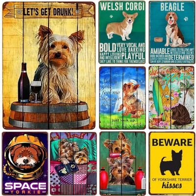 Placa de lata de metal vintage divertida para animais de estimação Yorkshire Terrier Corgi Pastor Alemão Arte Pôster Cachorro Pub Bar Decoração de quarto Placa de parede