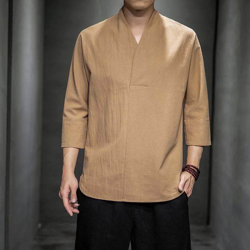 Chinese Style Retro Cotton and Linen Short-sleeved V-neck T-shirt Summer Three-quarter Sleeve Men's Linen Hanfu T-shirt