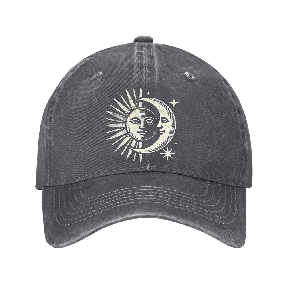 Sun Moon Celestial Graphic Washed Denim Baseball Cap Unisex Vintage Adjustable Dad Hat