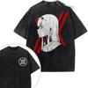 DARLING in the FRANXX Zero Two 002 Koszulka z grafiką Anime Vintage Spłowiała Czarna Bawełna Streetwearowa Koszulka