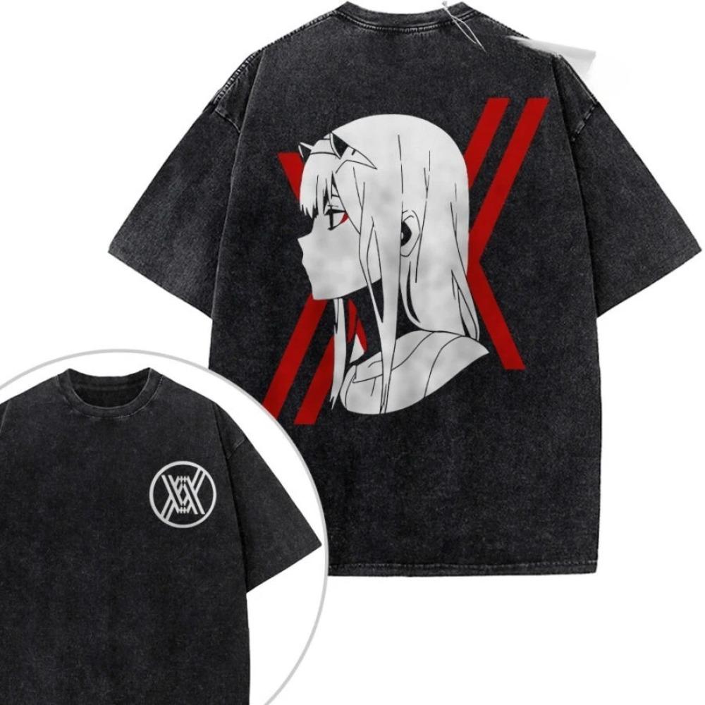 DARLING in the FRANXX Zero Two 002 Koszulka z grafiką Anime Vintage Spłowiała Czarna Bawełna Streetwearowa Koszulka