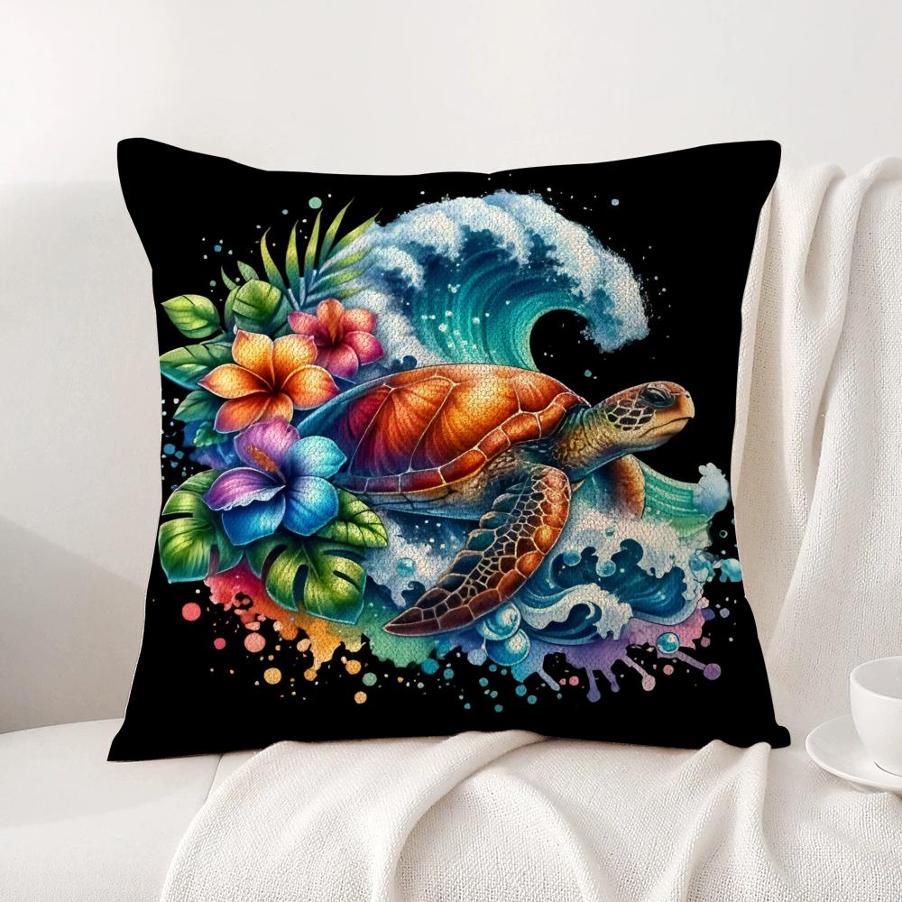 Hawaiian Turtle Cushion Cover Natural Linen Organic Fabric Double-Sided Printing Sofa Home Decor Gift Pillow Cover