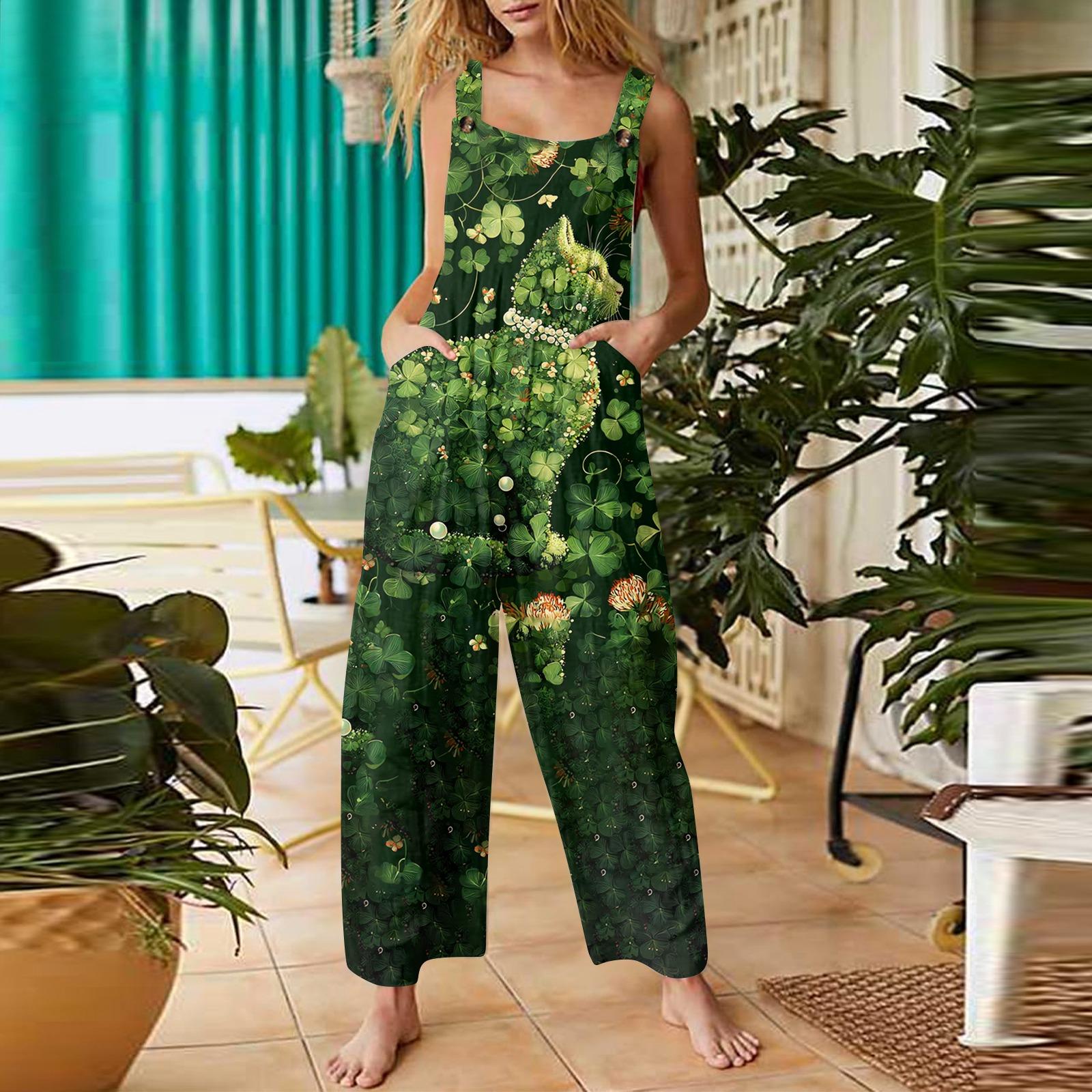 

Жіночі повсякденні вільні ретро комбінезони з принтом листя, бавовняно-льняні S