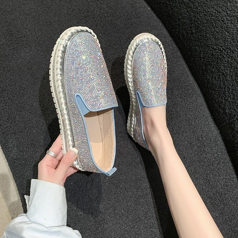 Spring and autumn new muffin platform single shoes large size round head colored rhinestone flat bottom lazy shoes women