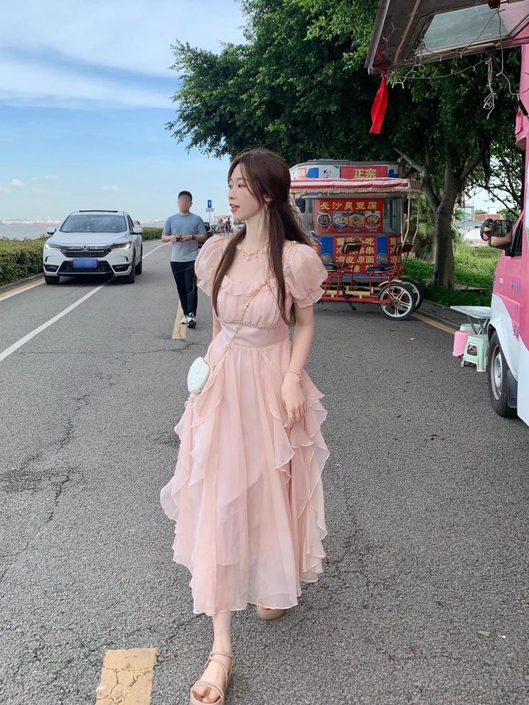 French square collar sweet gentle wind dress women's summer women's clothing waist thin ruffle edge long fairy skirt