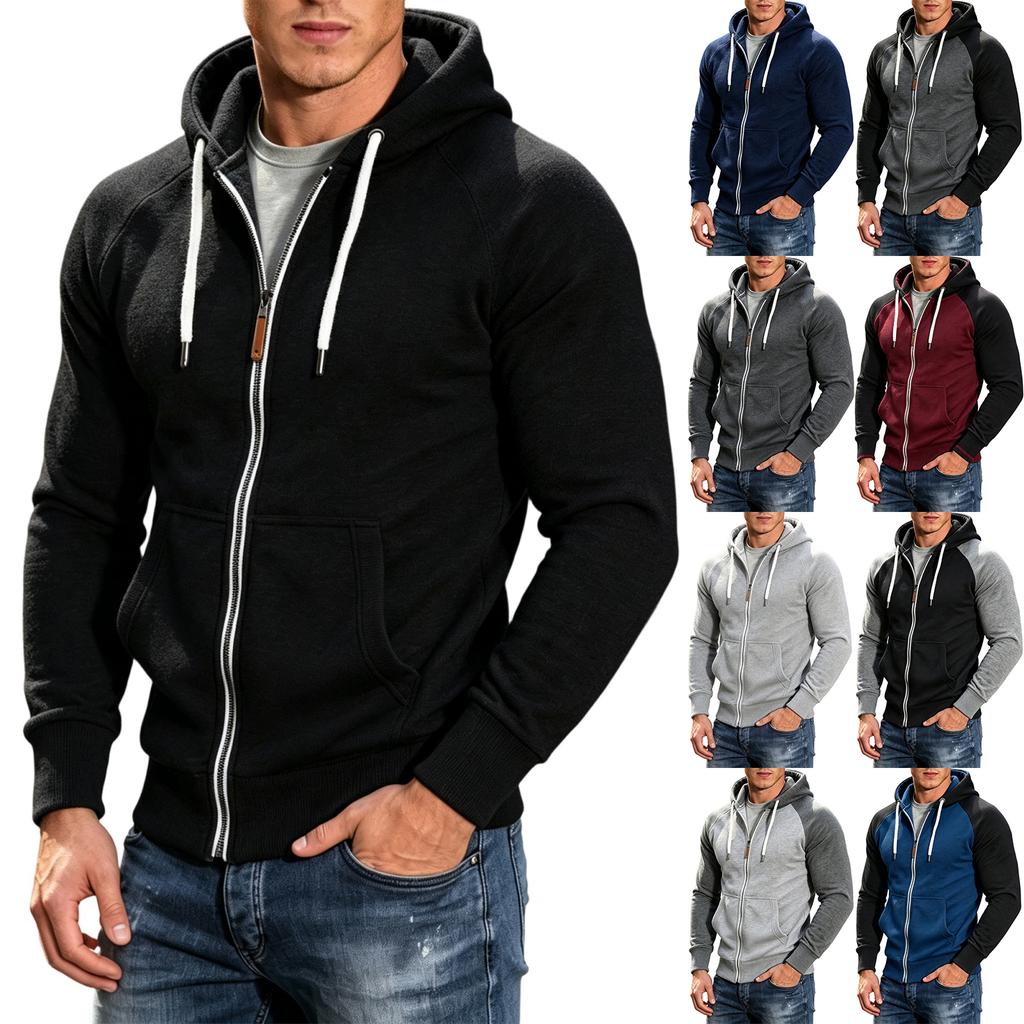 Men's Color Block Raglan Sleeve Zip Up Hoodie for Fitness and Casual Wear