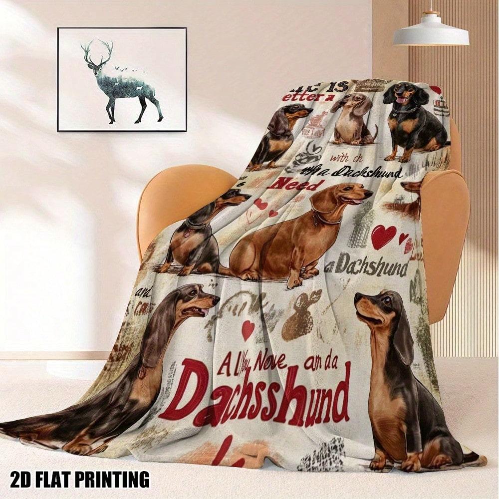 Vintage Retro Dachshund Dog Art Print Throw Blanket Soft Flannel Warm Blanket Dog Quote Heart Pattern Sofa Bed Pet Gift