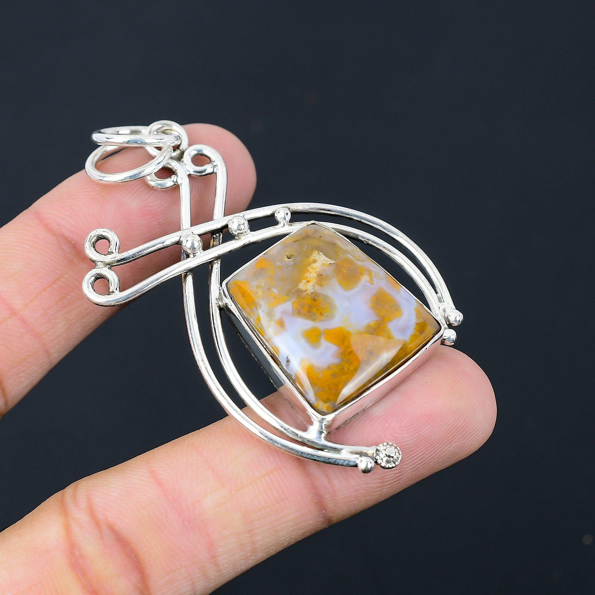 

Wedding Gift For Her 925 Sterling Silver Natural Plume Agate Gemstone Pendant