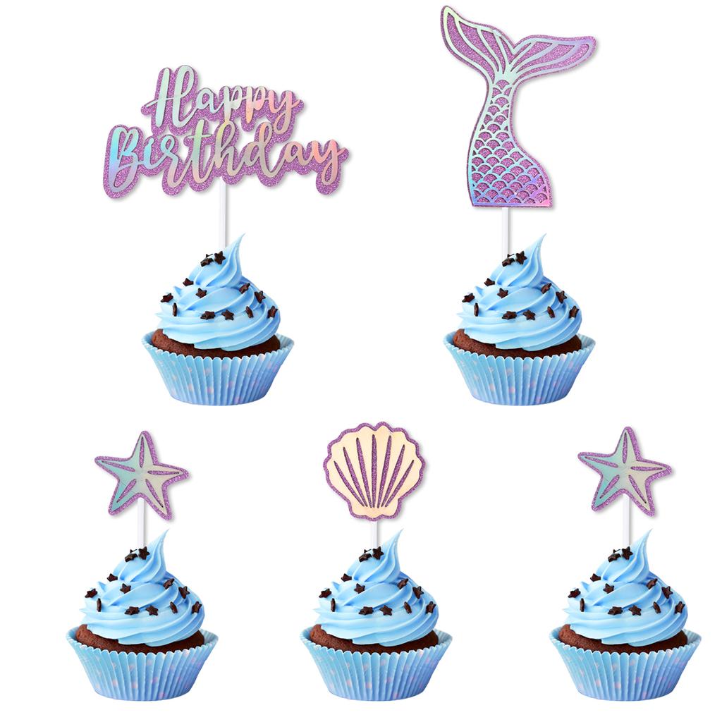 Mermaid Birthday Party Decor Glitter Mermaid Tail Sea Shells Starfish Cake Topper Baby Shower Girls 1st 2th Birthday Party Decor