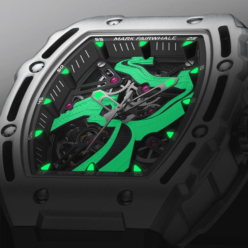 Mark Fairwhale Automatic Mechanical Watch for Men 46mm Alloy Case Rubber Band Waterproof Luminous Skeleton Embossed Dial