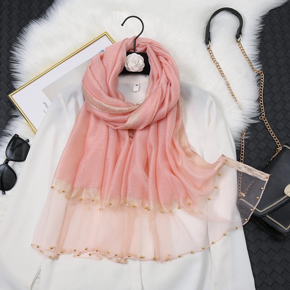 Fashion Luxury Silk Scarf For Women Shawls With Beads Long Scarf For Women Female Foluard Stoles Bandana Head Wraps Headscarf