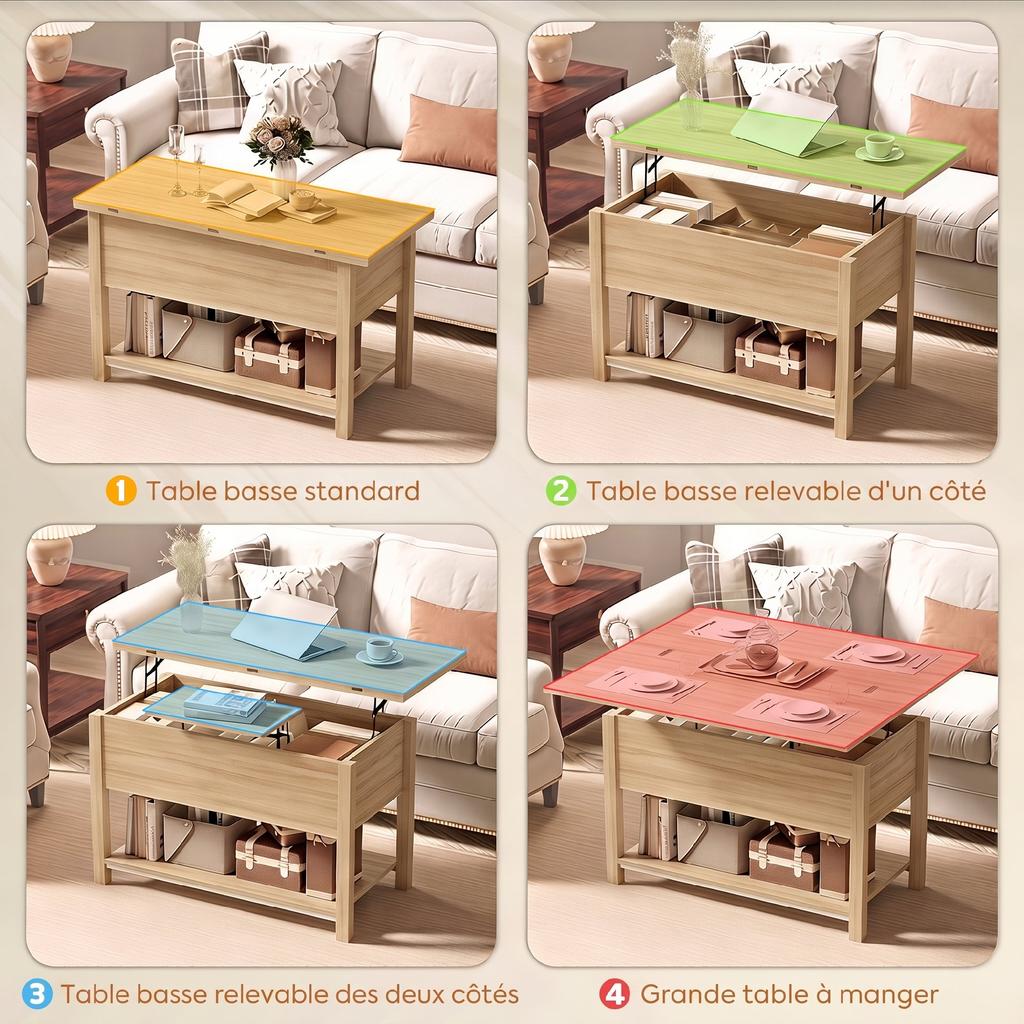 Lift-Top Extendable Coffee Table, Hidden Compartment, Open Shelf, 100 x 45 x 50.5 cm, Natural Wood
