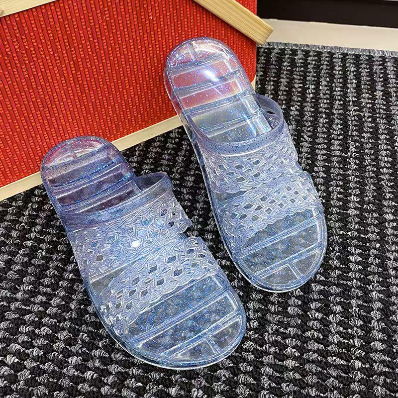 Women's Transparent Crystal Flat Sole Slippers Summer New Open Toe Soft Sole Non Slip Anti Odor Home Slippers Bathroom Slippers