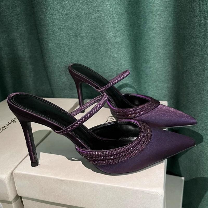 

Fashion Autumn And Winter 2025 New Pointy Purple Stiletto High Heels Female Shallow Mouth Rhinrhinon With Satin Half Slipper Sandals 40